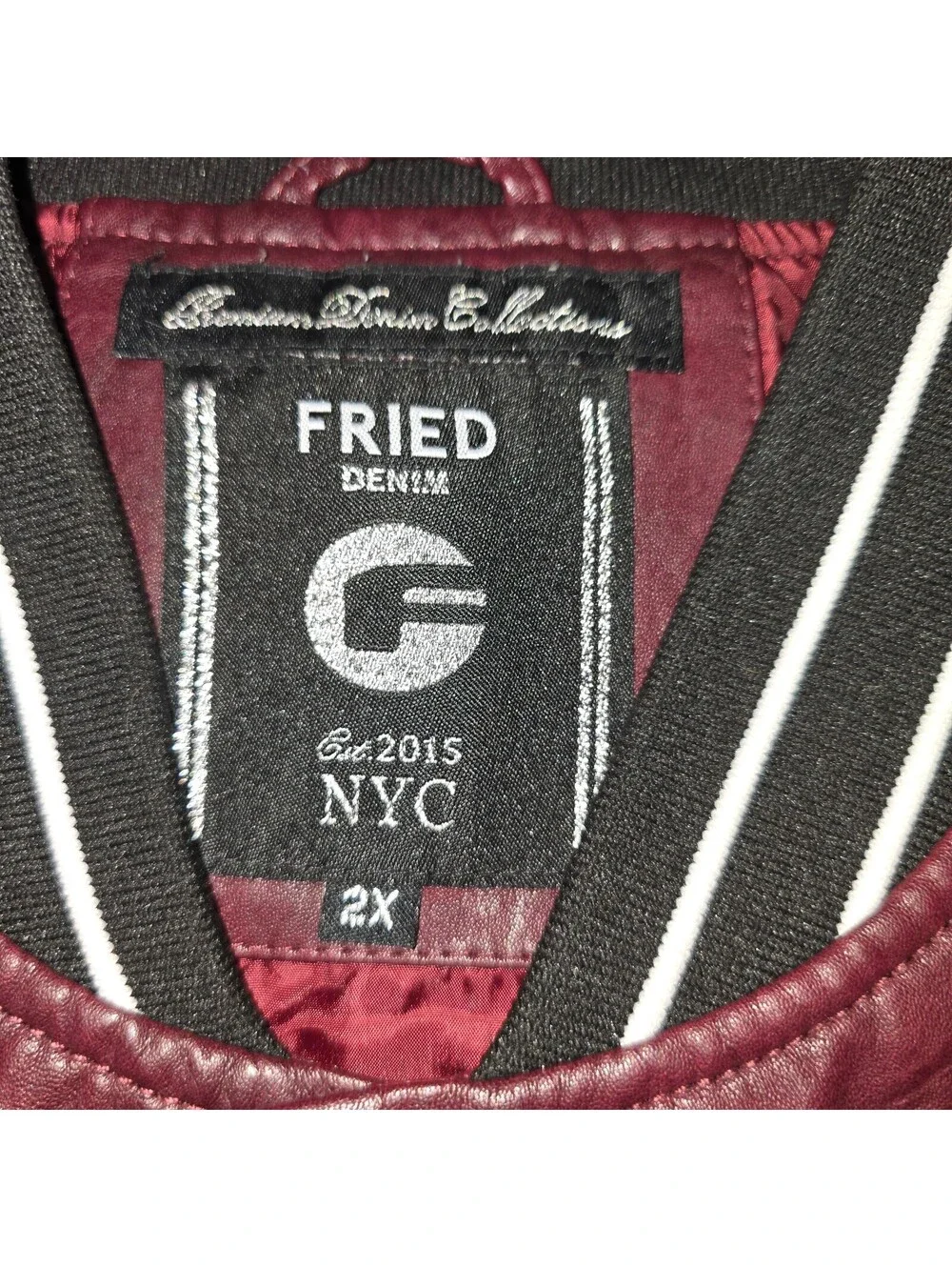 Fried Denim NYC Premium Faux Leather Varsity Bomber Jacket Men's Size 2XL Maroon